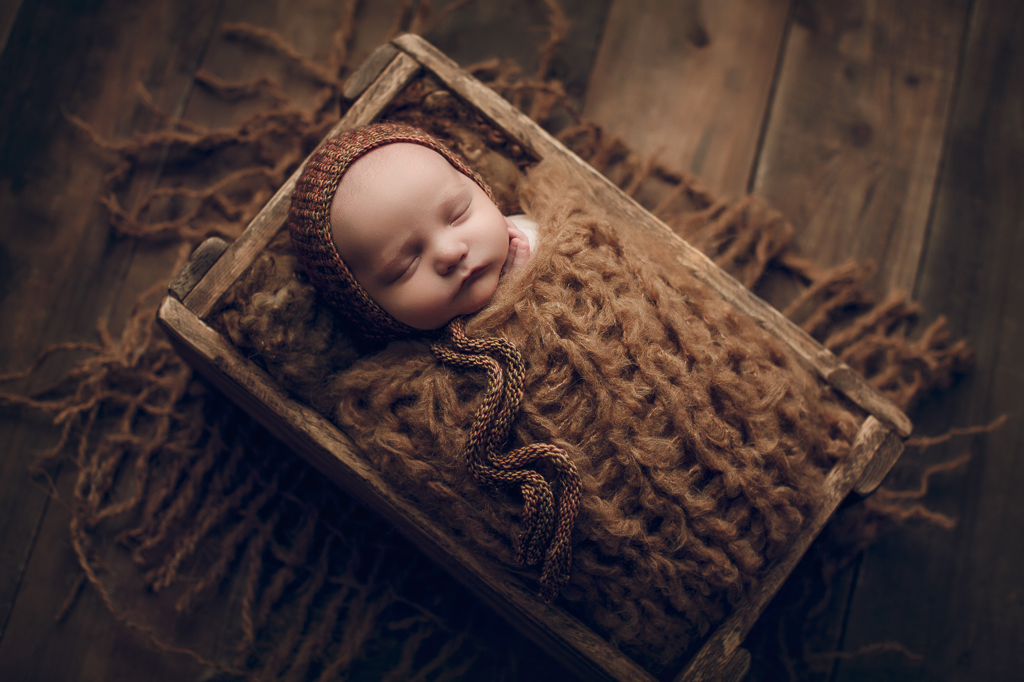 Adelaide Newborn photography photo of a newborn baby in a crate.