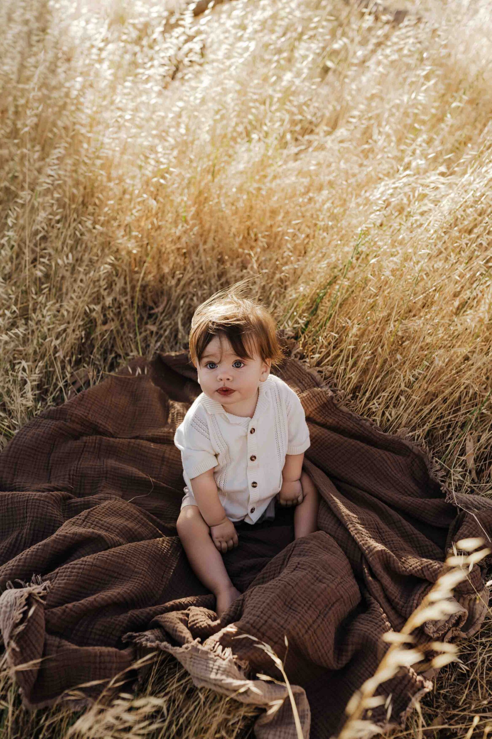An 8 month old baby boy in a cream shirt sitting on a brown rug in long summer grass.