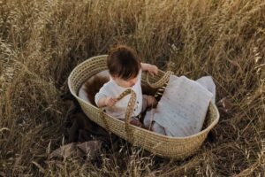 An 8 month old baby boy in a cream shirt sitting in a woven mosses basket in long summer grass.