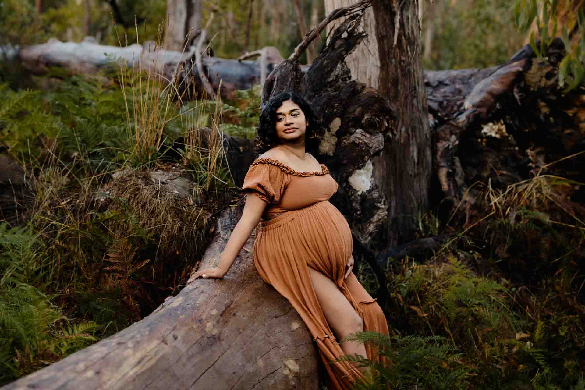 A pregnant mother wearing a rust dress sitting on a fallen tree at a maternity session in Adelaide.